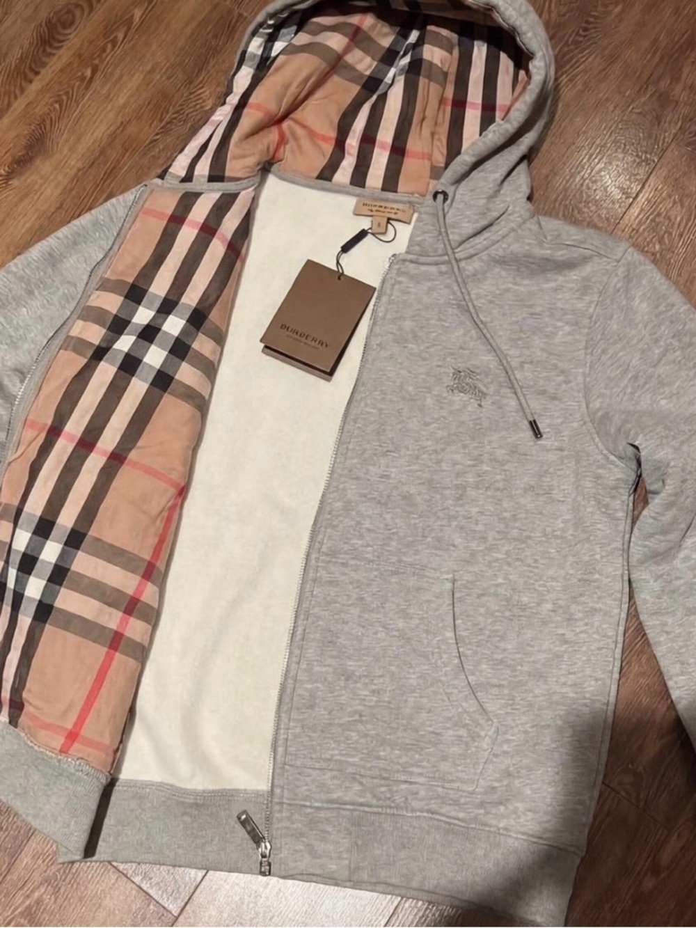 Burberry Gray Hoodie with Iconic Beige Nova Check Lining